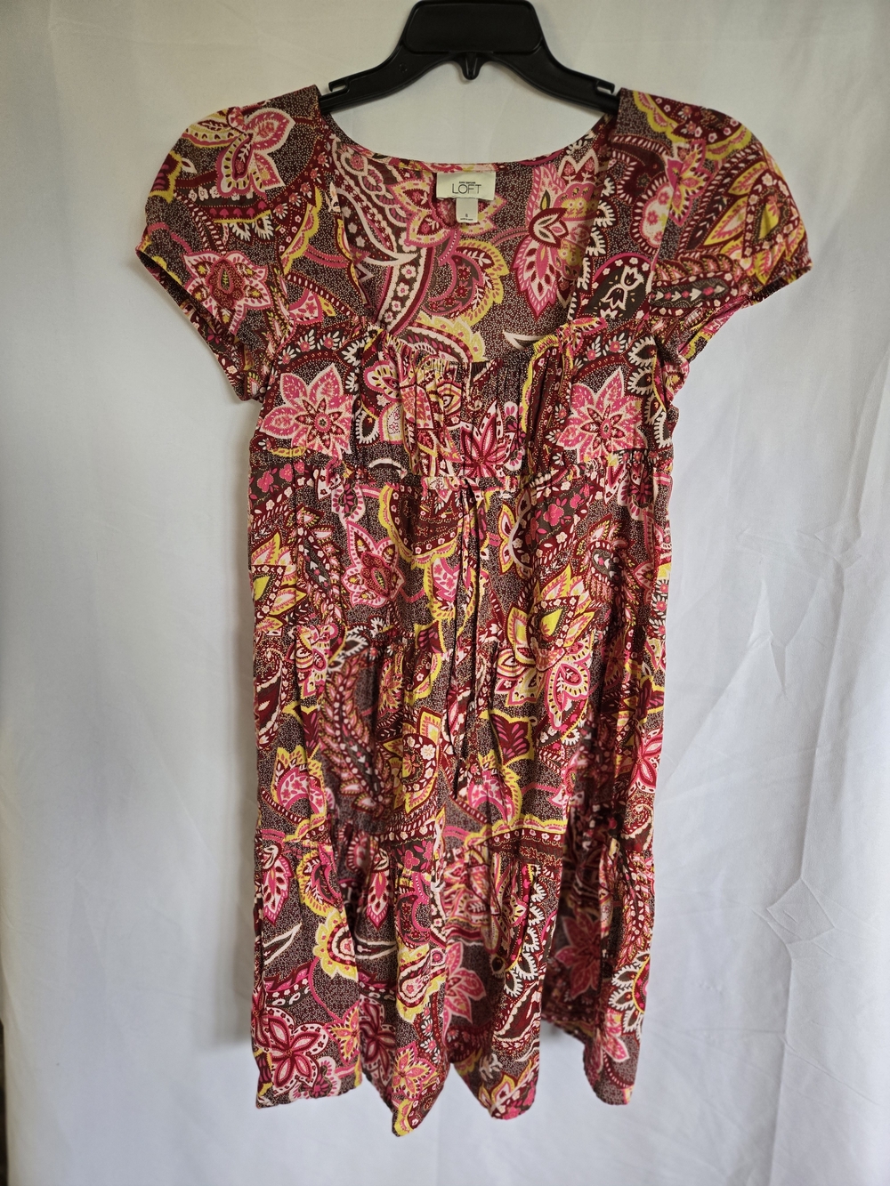 LOFT Pink, Brown and Yellow Paisley Cap Sleeve Dress